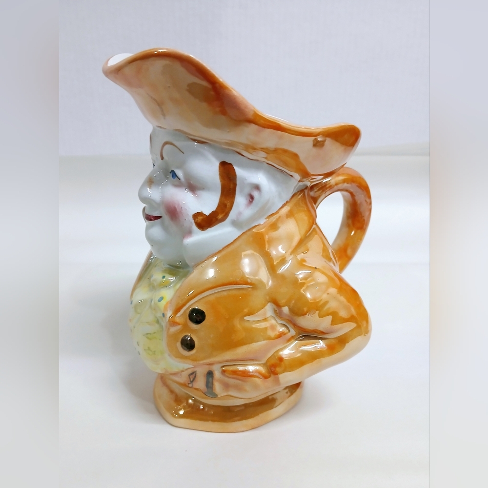 Charming Vintage Ceramic Toby Jug Small Pitcher in Orange and Cream